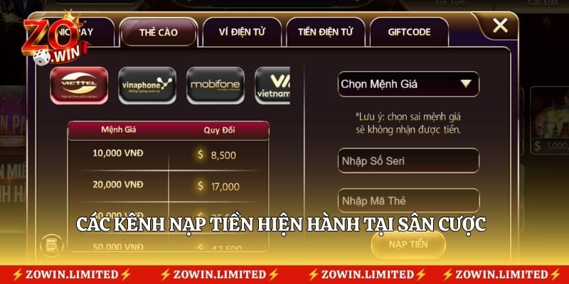 Các kênh nạp tiền hiện hành tại sân cược